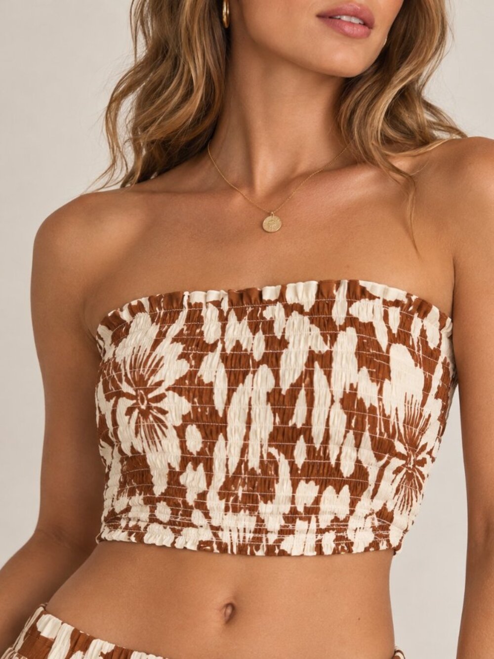 Aakaa Rust Brown Floral Smocked Tube Crop Top M